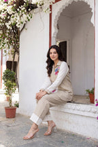 Beige floral embroidered co-ord set - seated view
