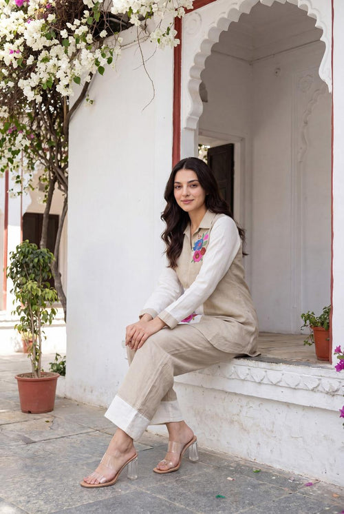 Beige floral embroidered co-ord set - seated view