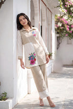 Beige floral embroidered co-ord set - front view standing