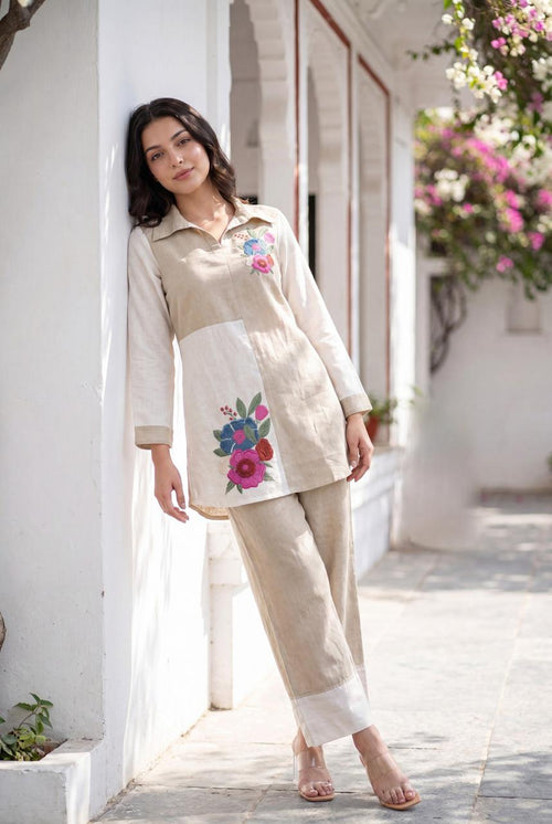 Beige floral embroidered co-ord set - front view standing