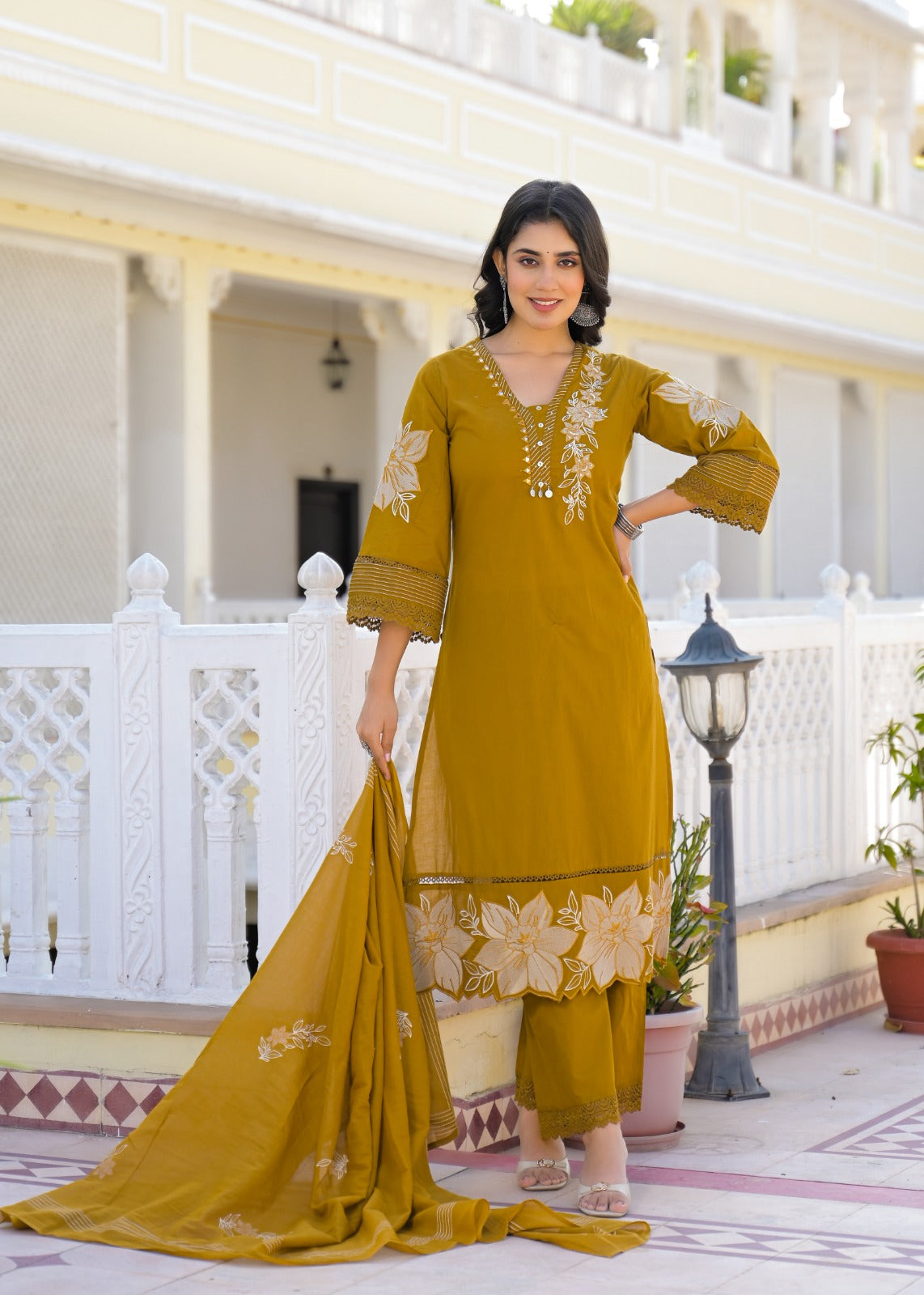 Premium Cotton Embroidered Suit Set with Elegant Lace Work