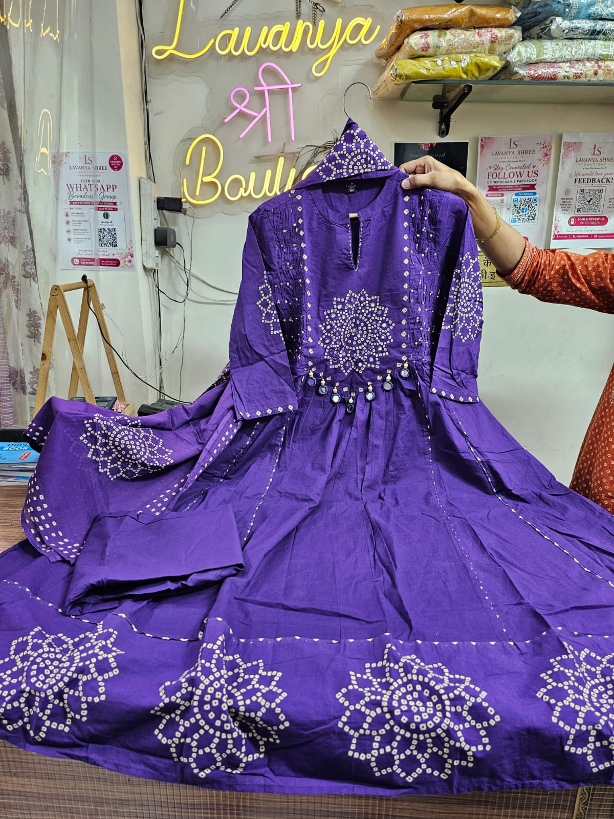 Anarkali Bandhani Suit 3 Pcs | Mirror Work Embroidery