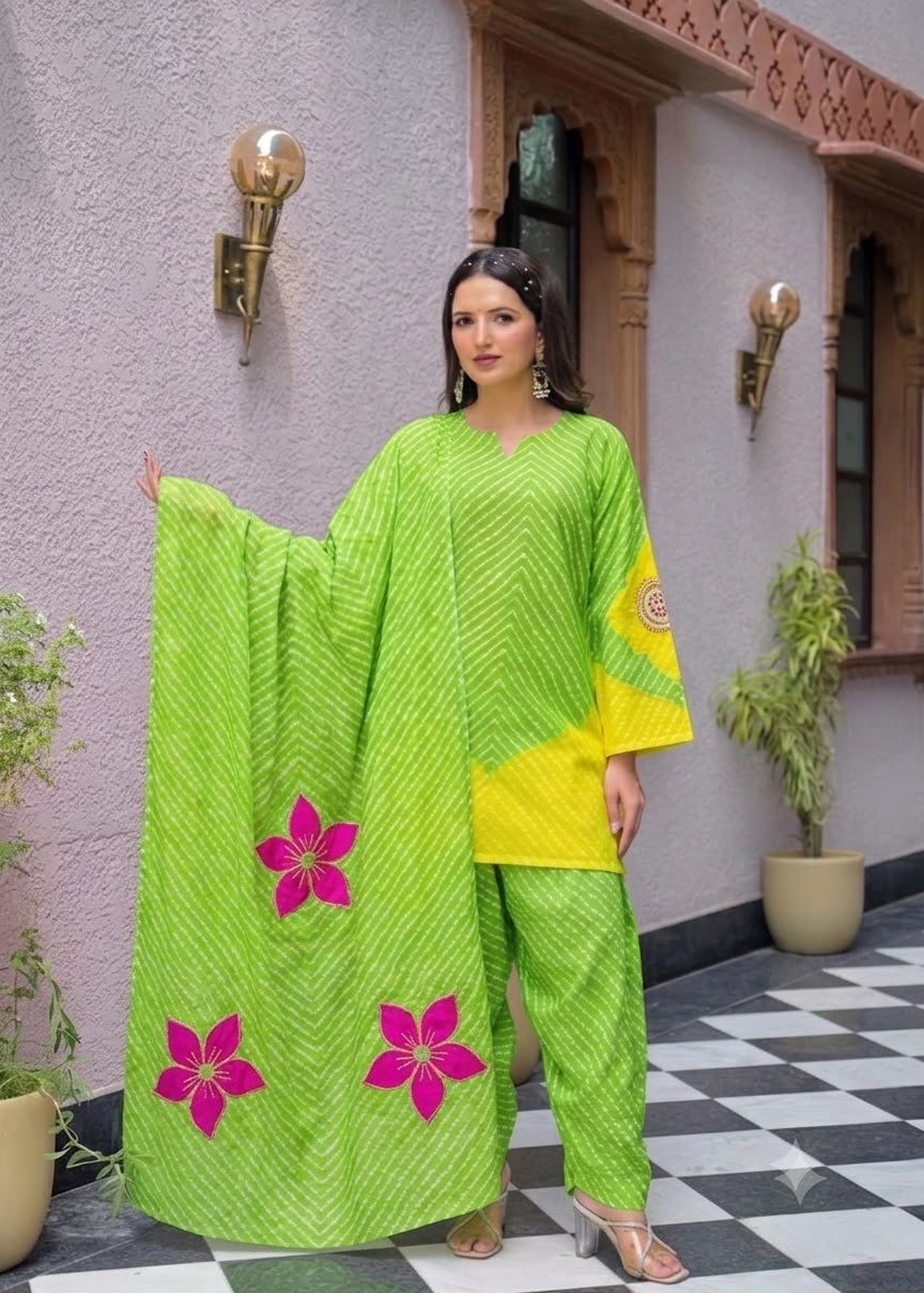 Premium Cotton 3-Pcs Suit with Appliqué Work & Hand Embroidery