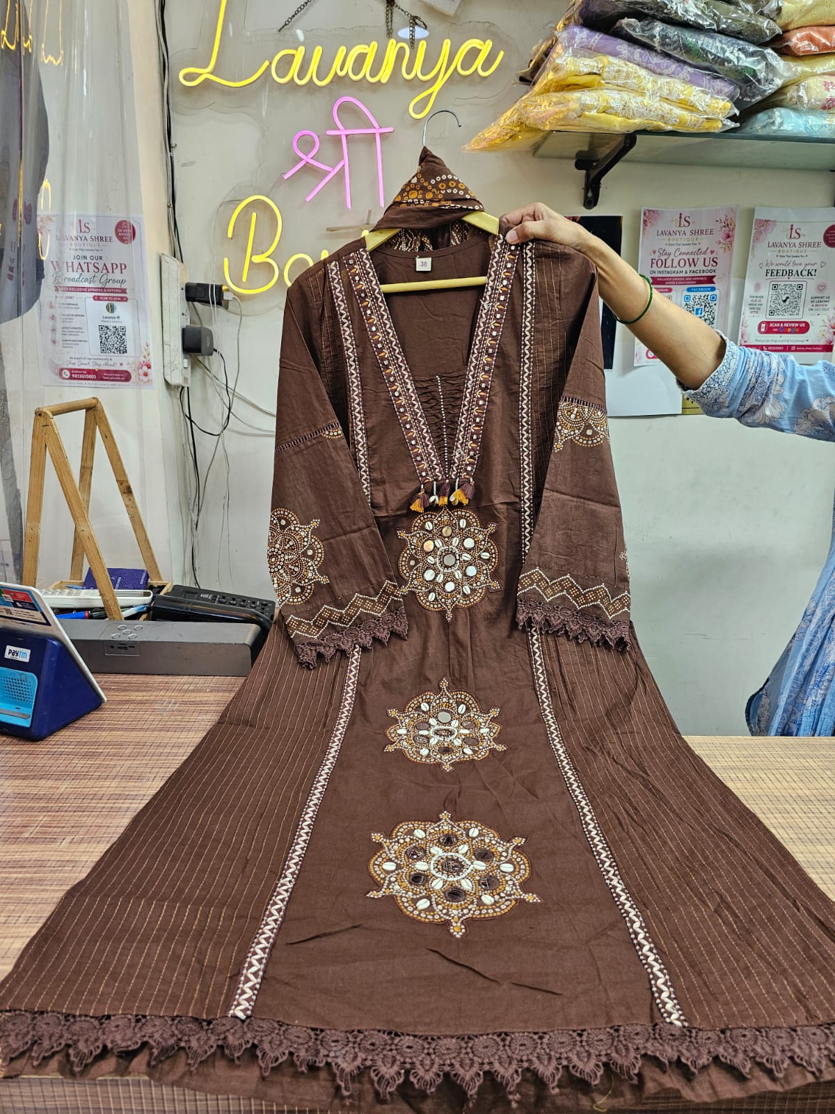 Long Kurta with Palazzo Pant | Mirror Sequin Hand Work & Pintex Detailing | 3-Pcs Suit Set
