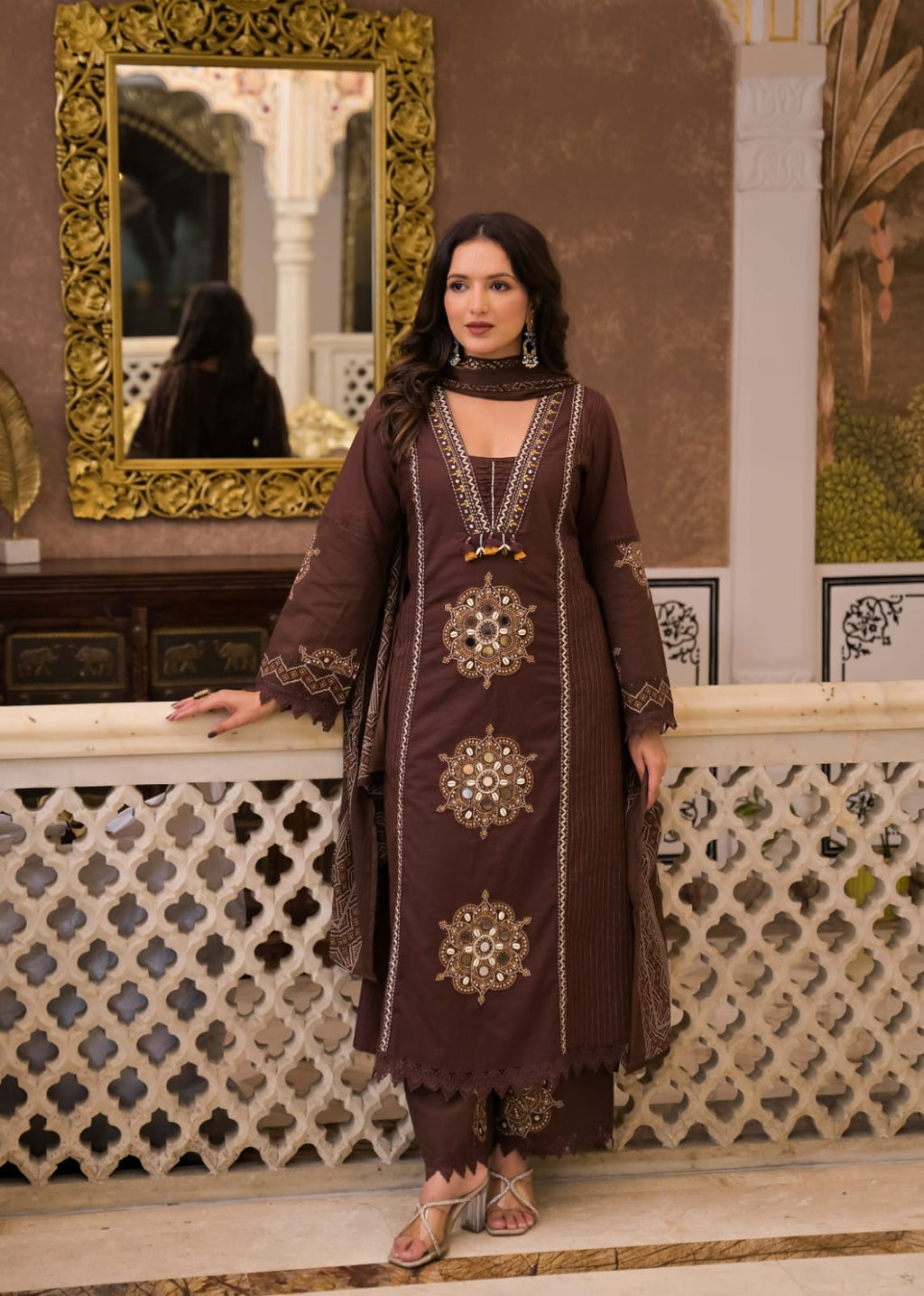 Long Kurta with Palazzo Pant | Mirror Sequin Hand Work & Pintex Detailing | 3-Pcs Suit Set