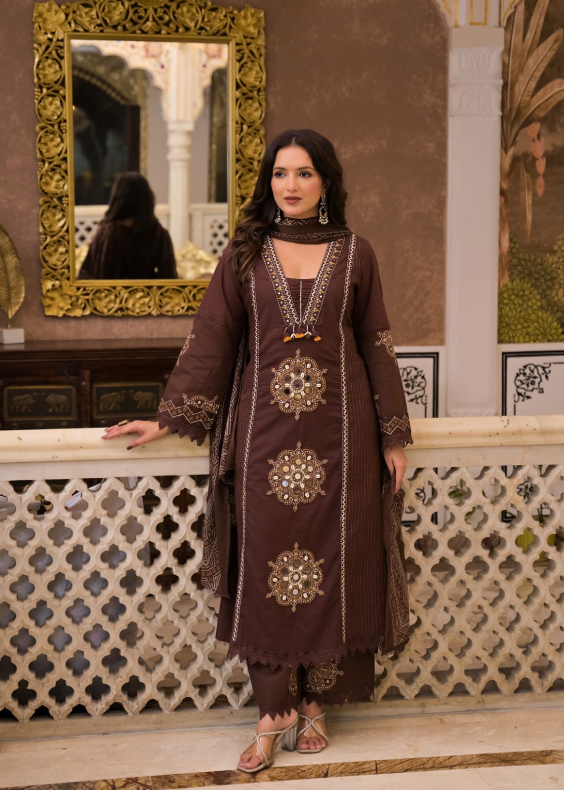 Long Kurta with Palazzo Pant | Mirror Sequin Hand Work & Pintex Detailing | 3-Pcs Suit Set