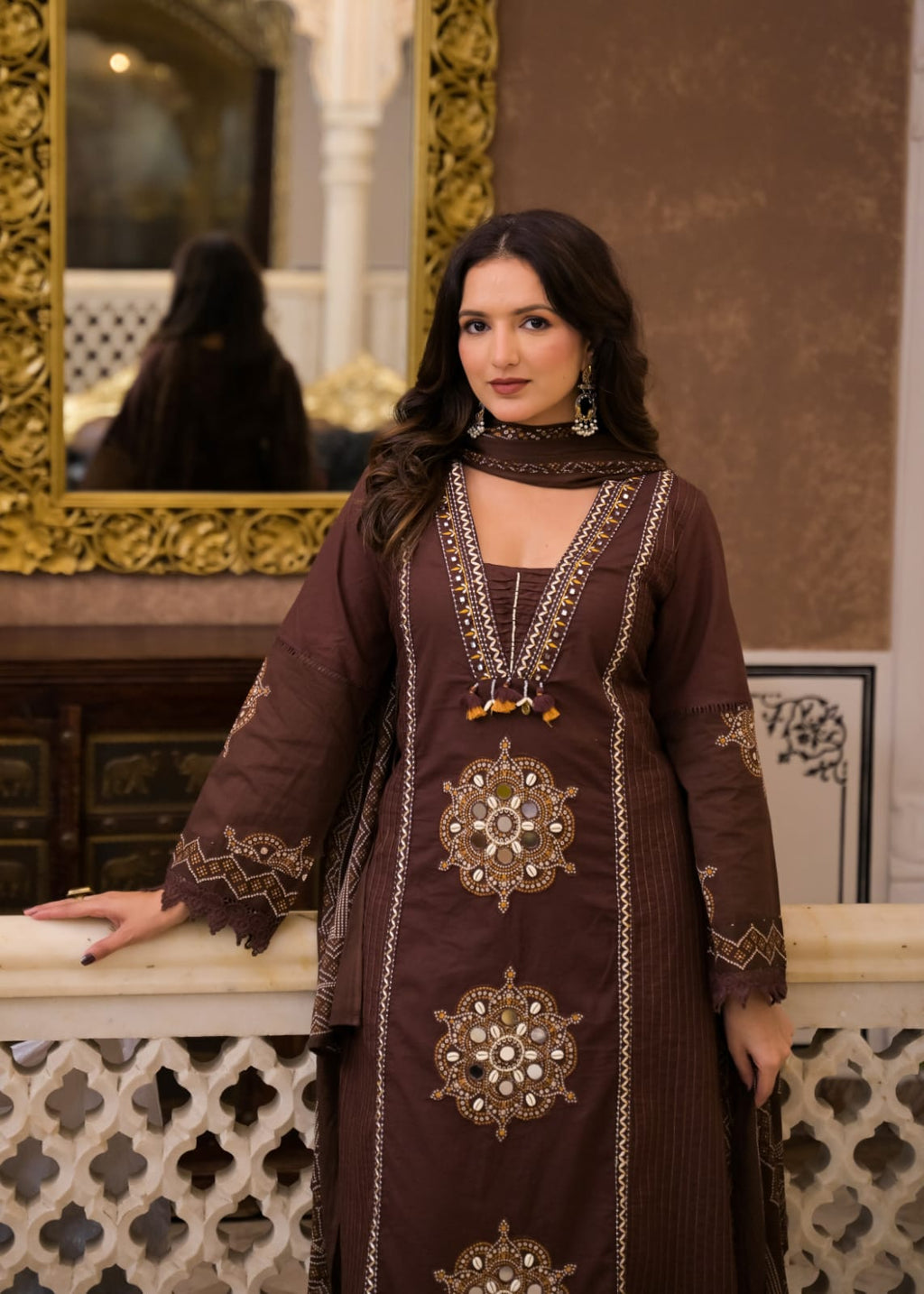 Long Kurta with Palazzo Pant | Mirror Sequin Hand Work & Pintex Detailing | 3-Pcs Suit Set