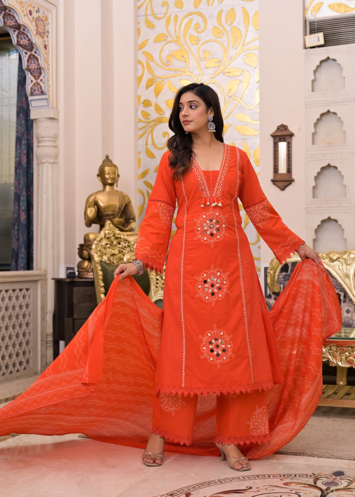 Long Kurta with Palazzo Pant | Mirror Sequin Hand Work & Pintex Detailing | 3-Pcs Suit Set