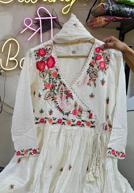 Mulmul Cotton 3-Piece Anarkali Suit with Lining
