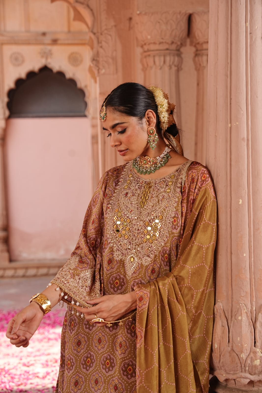 Pure Chinnon 3-Piece Straight Suit with Sharara | Bandhani Texture