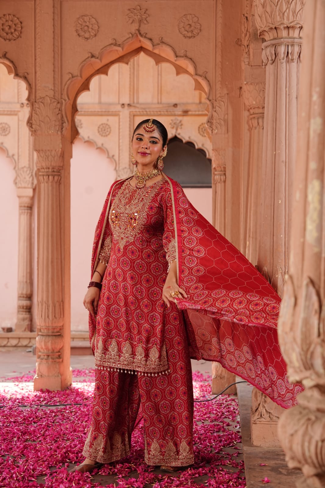 Pure Chinnon 3-Piece Straight Suit with Sharara | Bandhani Texture