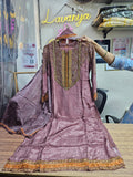 Olive Green & Onion Pink Pure Crepe 3-Piece Suit with Contrast Pants