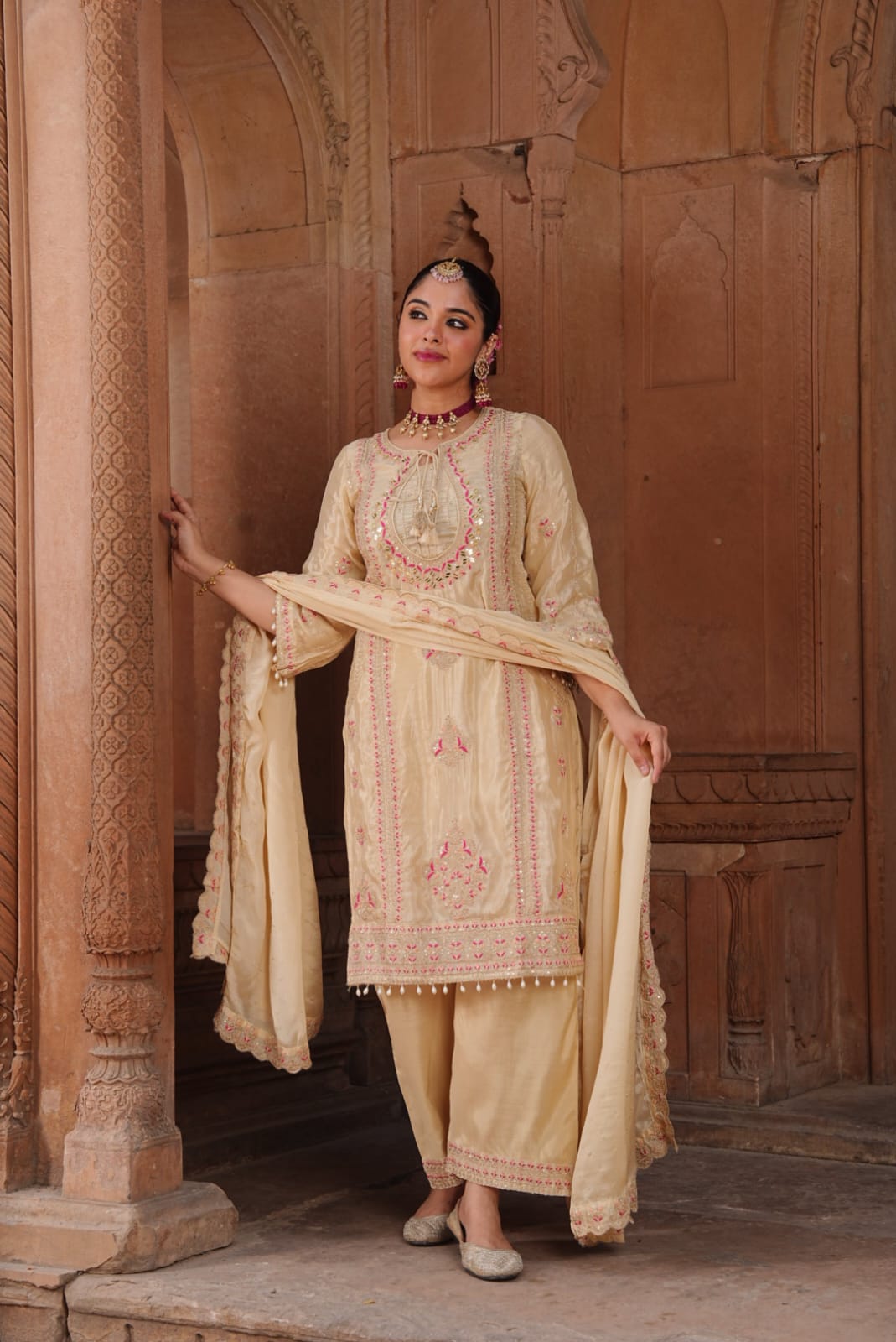 Premium Pure Chinnon 3-Piece Straight Suit with Palazzo