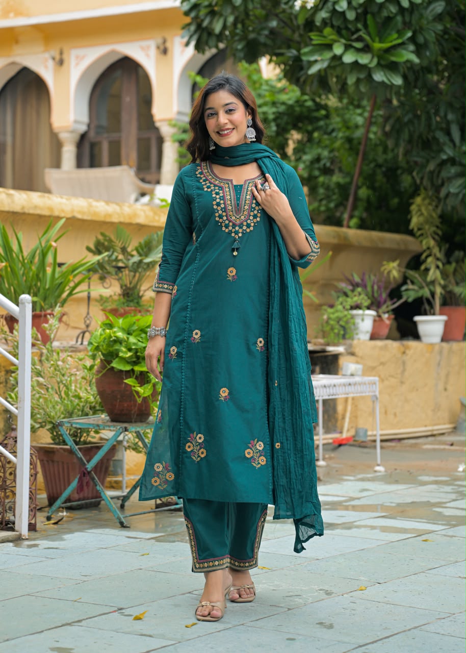 Premium Cotton 3-Piece Straight Suit | Neck & Bottom Embroidery Detailing