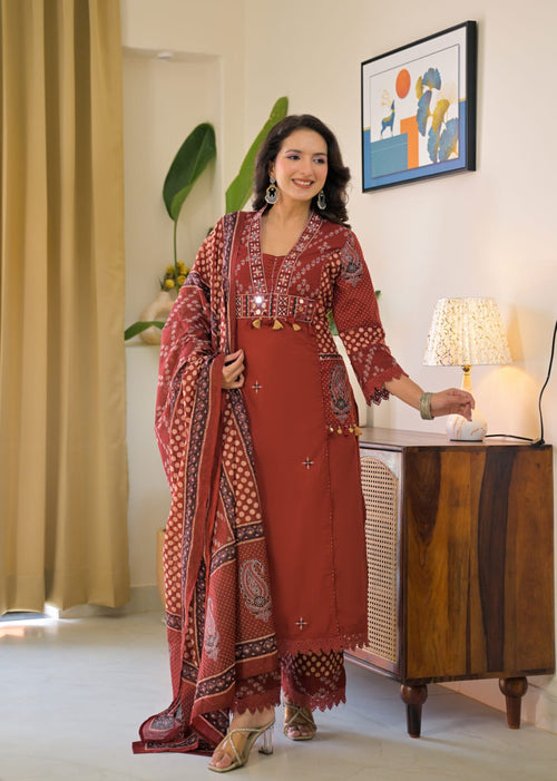 Cotton 3-Piece A-Line Suit | Embroidery & Lace Work | Boutique Collection