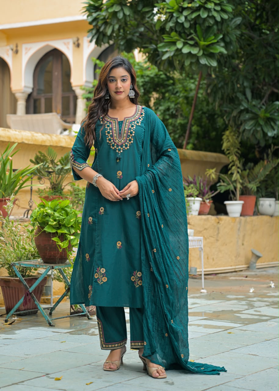 Premium Cotton 3-Piece Straight Suit | Neck & Bottom Embroidery Detailing