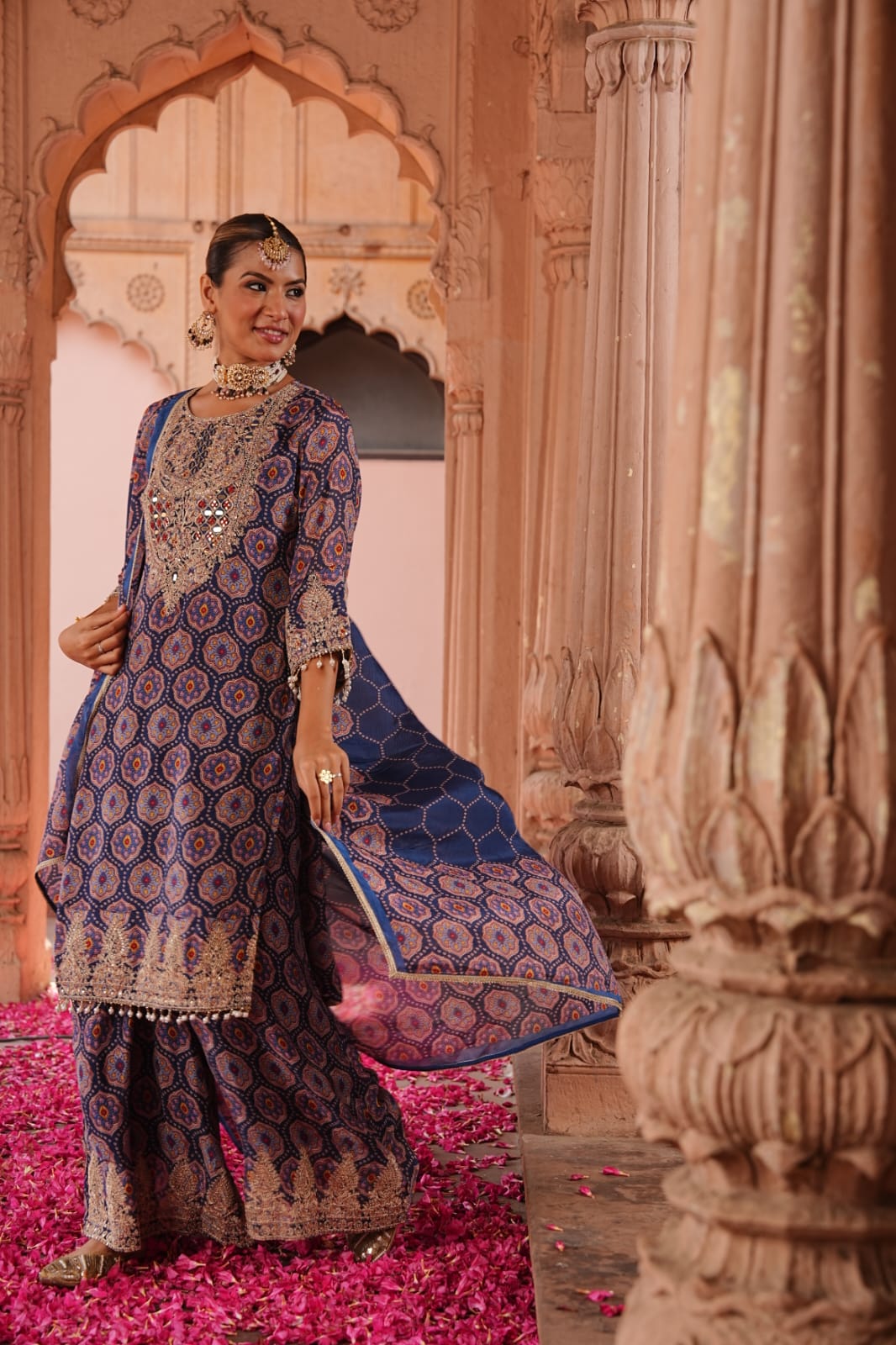 Pure Chinnon 3-Piece Straight Suit with Sharara | Bandhani Texture