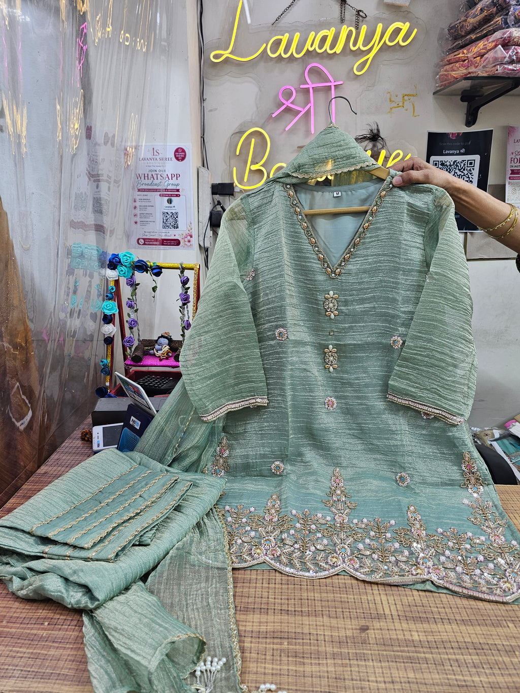 Tissue Silk 3-Piece Suit with Farsi Salwar | Beads, Pearl & Thread Work