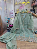 Tissue Silk 3-Piece Suit with Farsi Salwar | Beads, Pearl & Thread Work