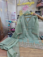 Tissue Silk 3-Piece Suit with Farsi Salwar | Beads, Pearl & Thread Work