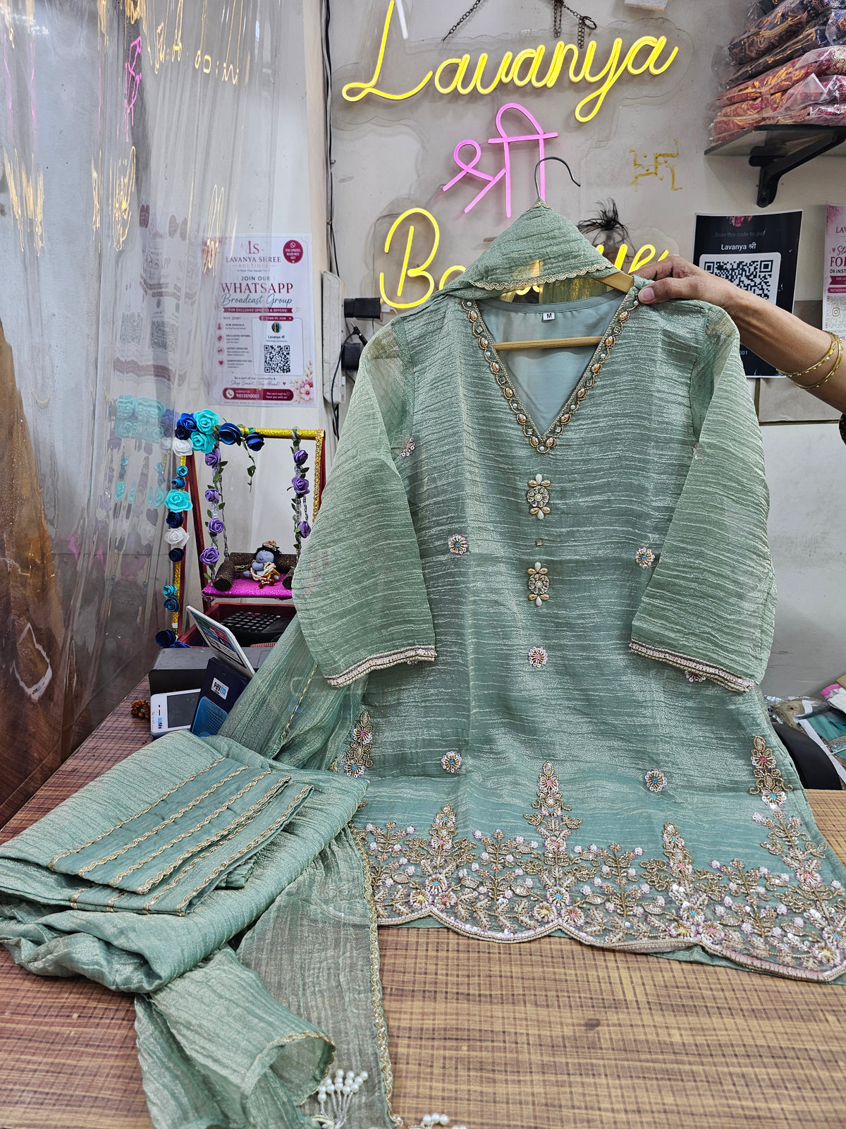 Tissue Silk 3-Piece Suit with Farsi Salwar | Beads, Pearl & Thread Work