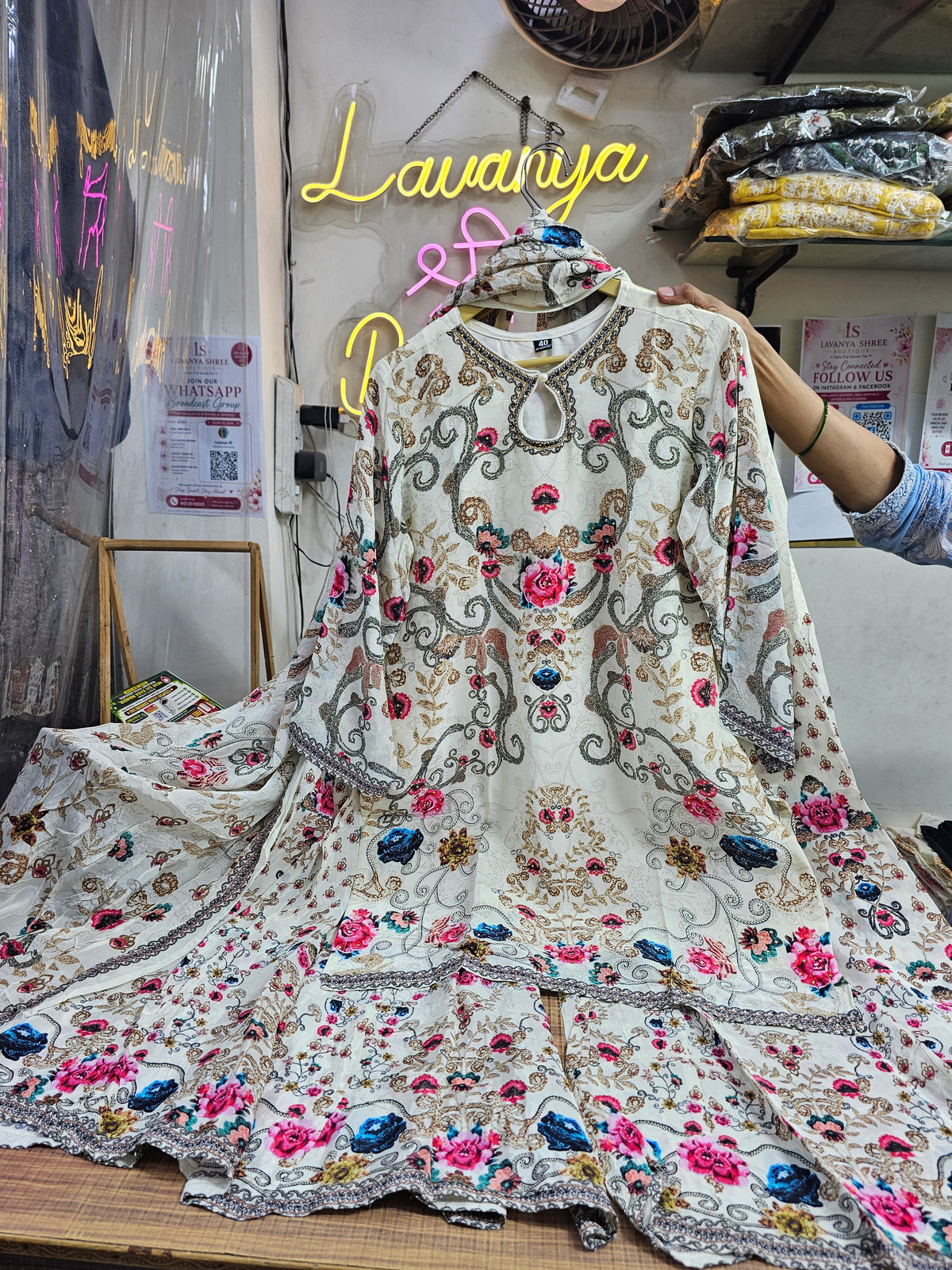 Off White Floral Print Pure Crepe 3-Piece Suit with Sharara
