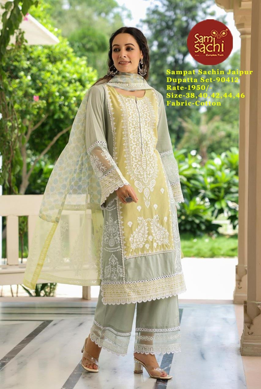 Cotton 3-Piece Straight Suit | Embroidery, Lace Work & Lining