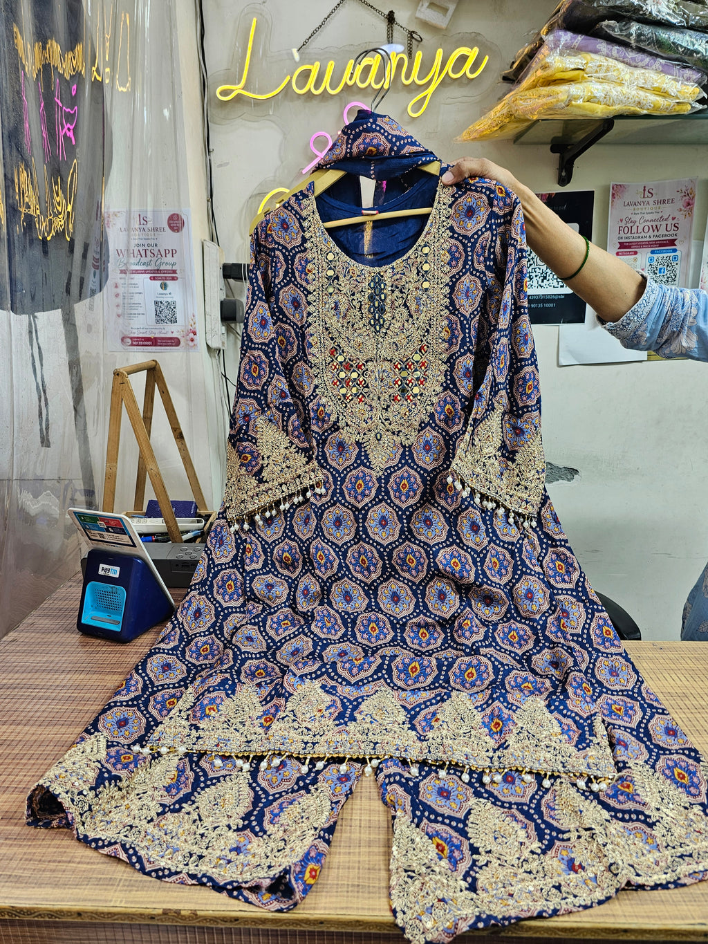 Pure Chinnon 3-Piece Straight Suit with Sharara | Bandhani Texture