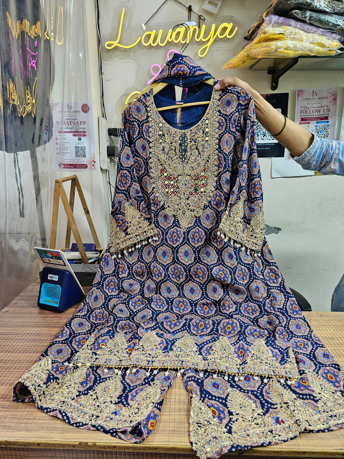Pure Chinnon 3-Piece Straight Suit with Sharara | Bandhani Texture