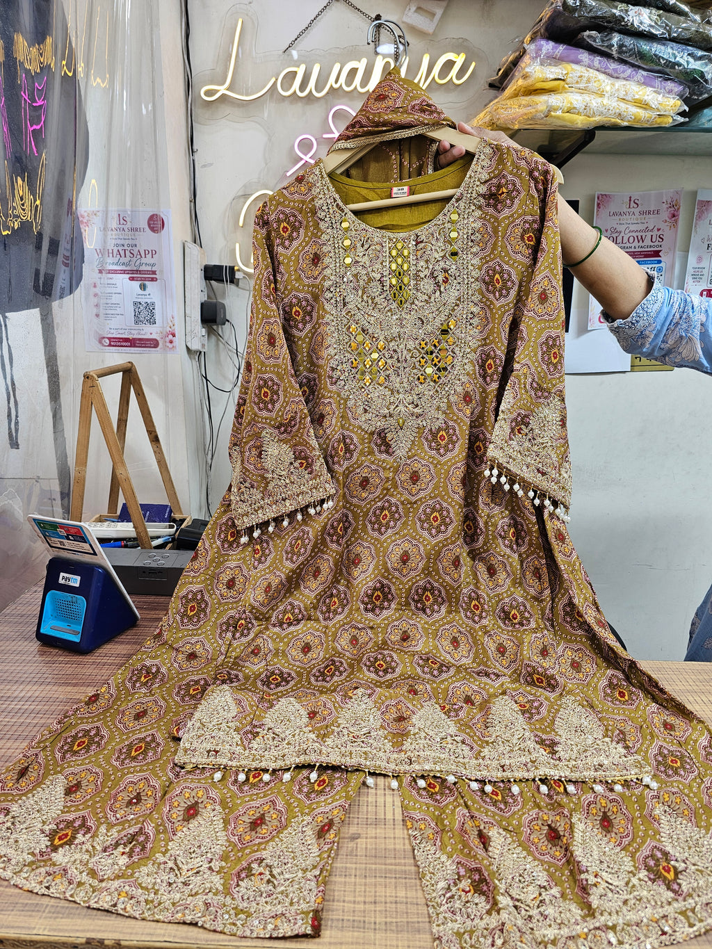 Pure Chinnon 3-Piece Straight Suit with Sharara | Bandhani Texture