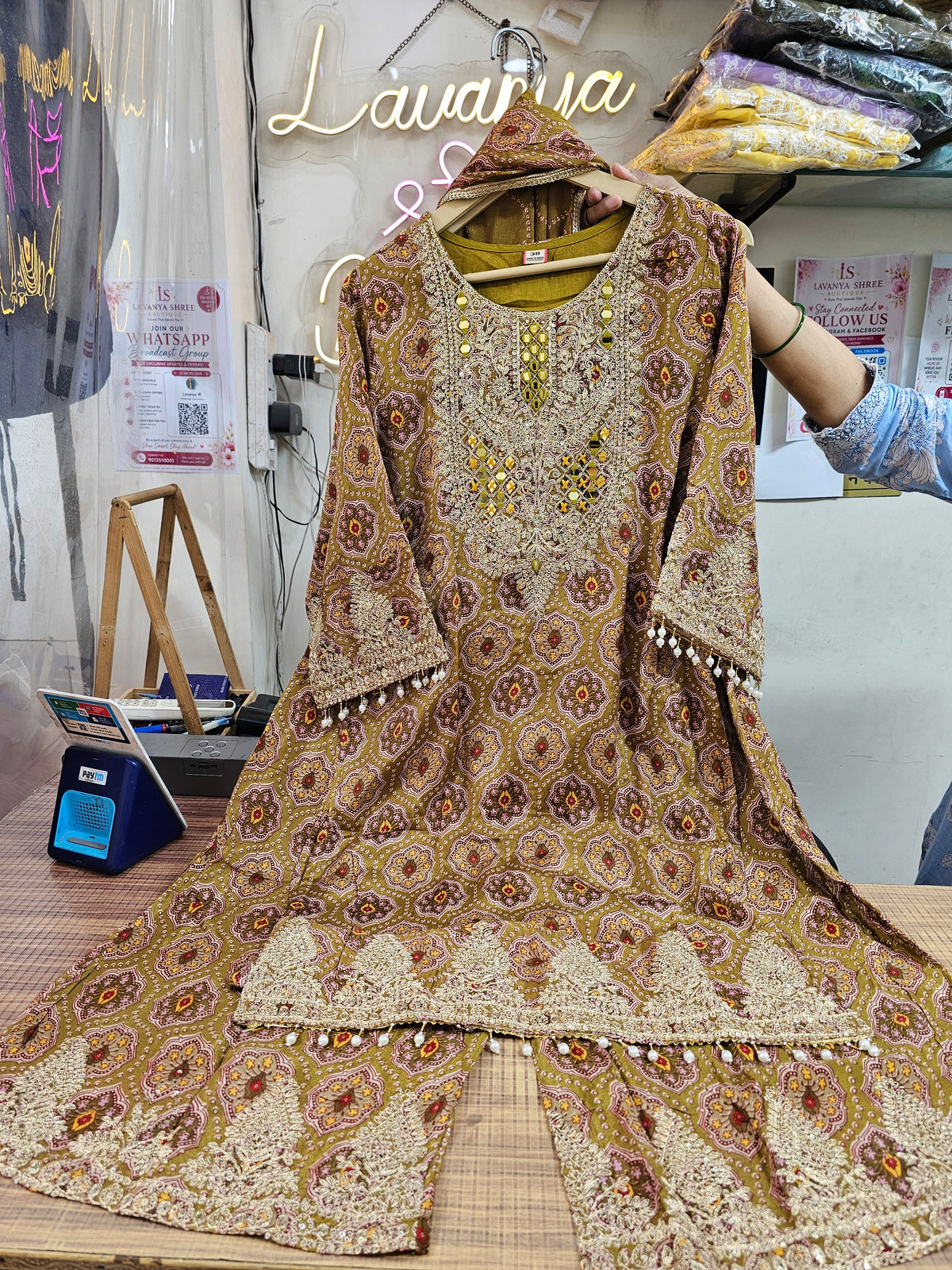 Pure Chinnon 3-Piece Straight Suit with Sharara | Bandhani Texture