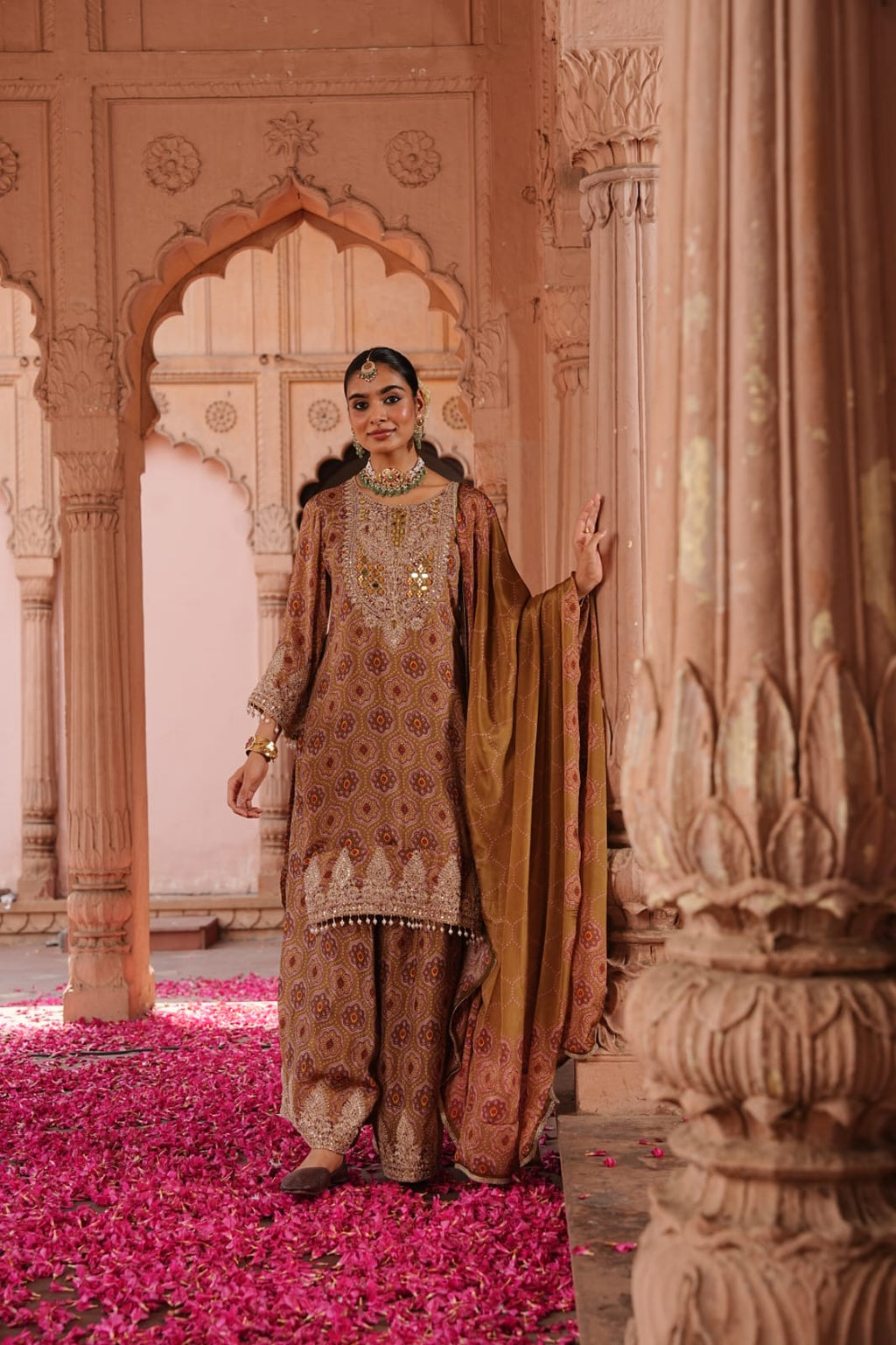 Pure Chinnon 3-Piece Straight Suit with Sharara | Bandhani Texture
