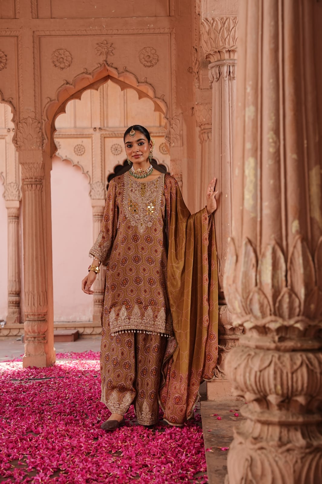 Pure Chinnon 3-Piece Straight Suit with Sharara | Bandhani Texture
