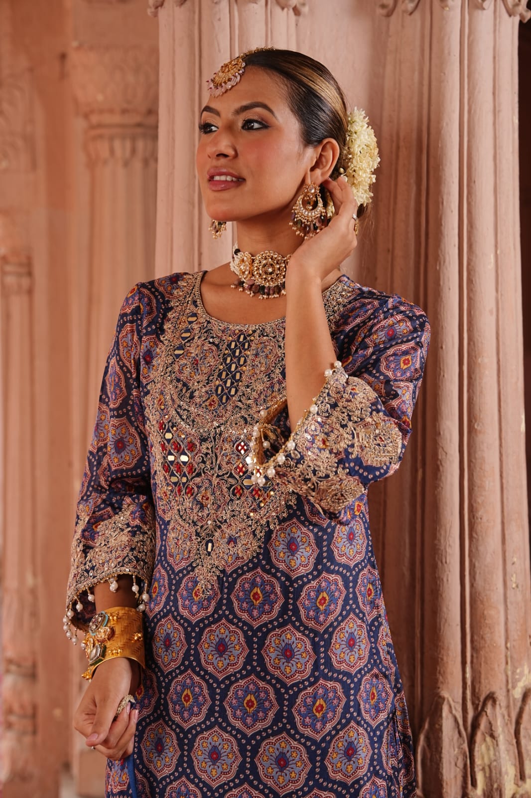 Pure Chinnon 3-Piece Straight Suit with Sharara | Bandhani Texture