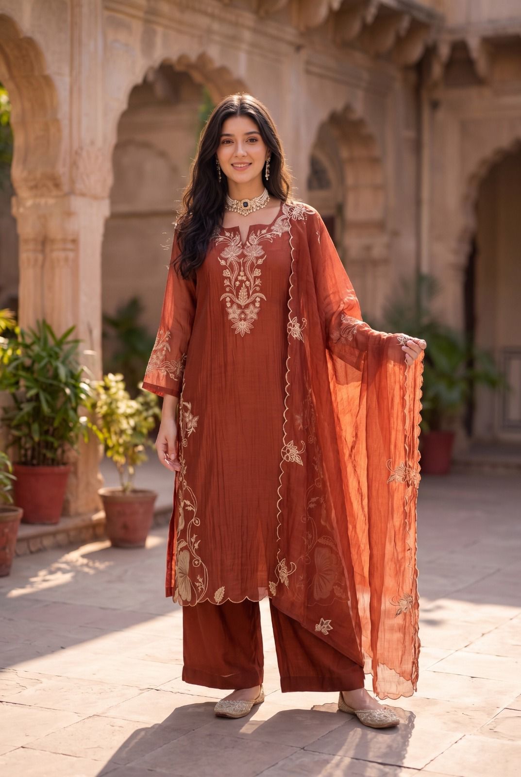 Mulmul Chanderi Festival Wear Suit with Lining, Applique Work & Cut Work Dupatta
