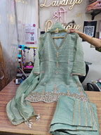 Tissue Silk 3-Piece Suit with Farsi Salwar | Beads, Pearl & Thread Work