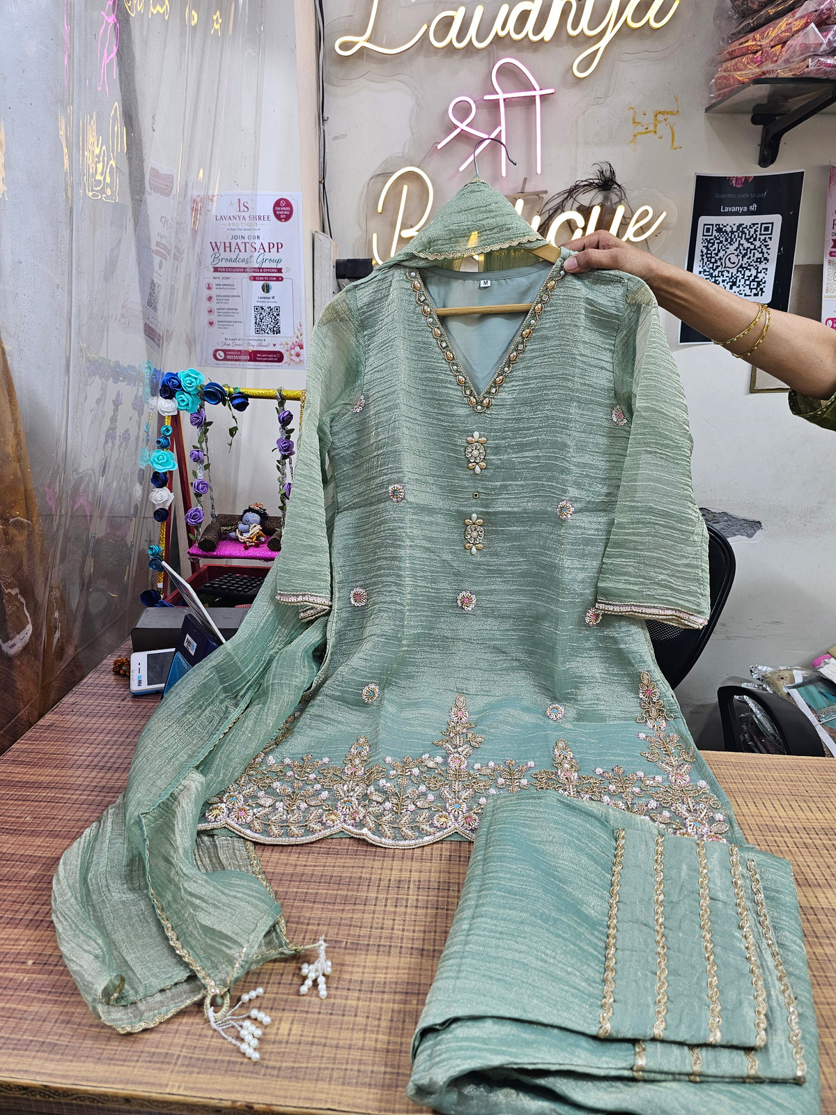 Tissue Silk 3-Piece Suit with Farsi Salwar | Beads, Pearl & Thread Work